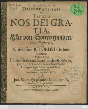 2: Dissertationis De Titulo Nos Dei Gratia, Wir von Gottes gnaden/ Pars ...