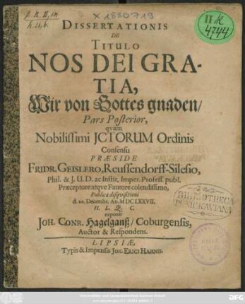 2: Dissertationis De Titulo Nos Dei Gratia, Wir von Gottes gnaden/ Pars ...
