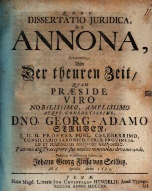 Dissertatio iuridica de annona, Germanice: Von der theuren Zeit