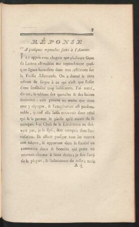 Réponse A quelques reproches faits à l'Auteur