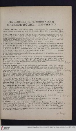 I. Frühdrucke (15./16. Jahrhundert) Holzschnittbücher - Manuskripte (Nr.1-92)