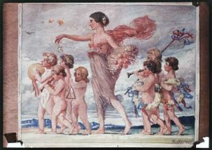 Antikisierte Frauenfigur mit sieben geschmückten und musizierenden Kindern an einem Strand entlanglaufend : Aquarellierte Zeichnung einer antikisierten Frauenfigur mit Kindern an einem Strand entlanglaufend, mit Heftzwecken an einem Brett befestigt.