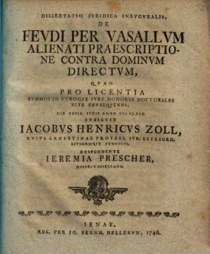 Diss. iur. inaug. de feudi per vasallum alienati praescriptione contra dominum directum