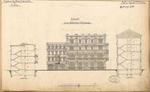 Städtisches Wohnhaus Monatskonkurrenz Juli 1879: Aufriss Seitenansicht, 2 Querschnitte; Maßstabsleiste