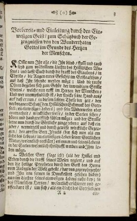 Vorbereit- und Einleitung durch den Einwesigen Geist, zum Schatzbuch der Gezeugnüssen von den Wunderthaten Gottes im Grunde des Hertzen der Menschen.