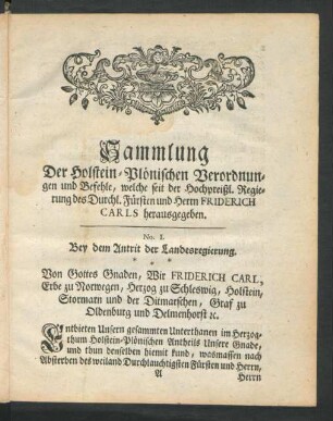 No. I. Bey dem Antrit der Landesregierung