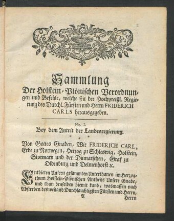 No. I. Bey dem Antrit der Landesregierung
