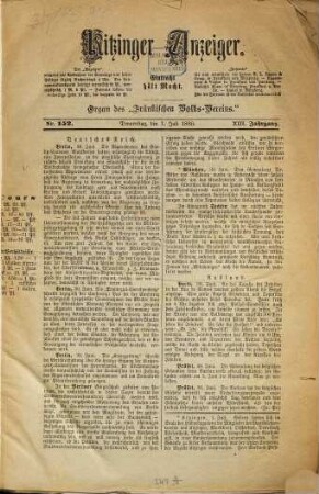 Kitzinger Anzeiger. 1880,7/12 = Jg. 13