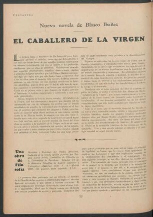 Nueva novela de Blasco Ibañez "El caballero de la virgen"