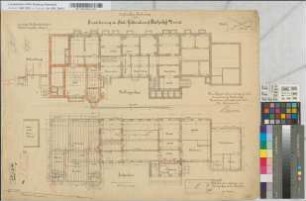 Aufnahmezeichnung betr. Erweiterung des Stationsgebäudes auf Bahnhof Unna, Blatt 1: Grundrisse Kellergeschoß und Erdgeschoß, M. 1:100 Hge, Sknr.: 2, Fanr.: 10, Bunr.: 9