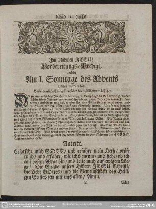 Vorbereitungs-Predigt, welche am 1. Sonntage des Advents gelesen werden kann