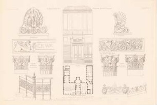 Bankgebäude des Berliner Kassenvereins, Berlin: Grundriss EG, Details (aus: Atlas zur Zeitschrift für Bauwesen, hrsg. v. G. Erbkam, Jg. 23, 1873)