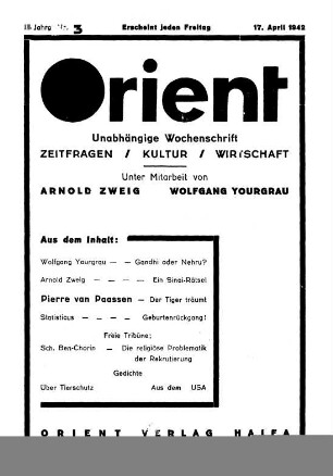 Orient : unabhängige Wochenschrift ; Zeitfragen, Kultur, Wirtschaft