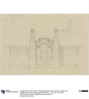 Wien, Ausstellungsgebäude der Secession,, Aufriss der Hauptfassade sowie Skizzen zweier Grundriss- und eines Fassadendetails