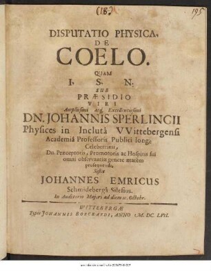 Disputatio Physica, De Coelo