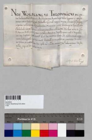 Erzbischof Wolf Dietrich von Salzburg weiht Mark Anton Grimm, einen Professen des Klosters Baumburg, zum Subdiakon.; S: Erzbischof Wolf Dietrich [von Raitenau] von Salzburg