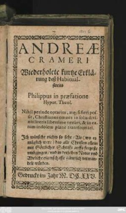 Andreae Crameri Wiederholete kurtze Erklärung deß Habitualstreits