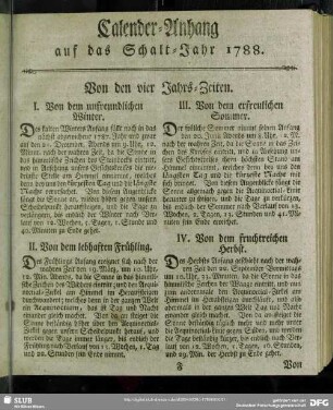 Calender-Anhang auf das Schalt-Jahr 1788