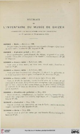 Extrait de l'inventaire du musée de Ghizeh comprenant les objets entrés dans les collections du 1er janvier au 31 décembre 1898