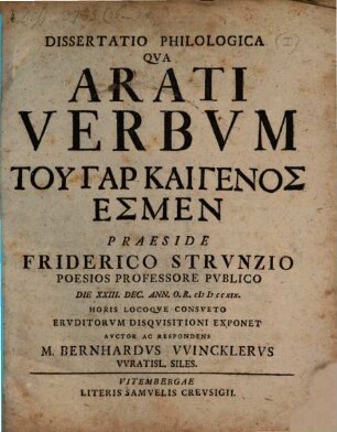 Dissertatio Philologica Qva Arati Verbvm Tu Gar Kai Genos Esmen, [1]