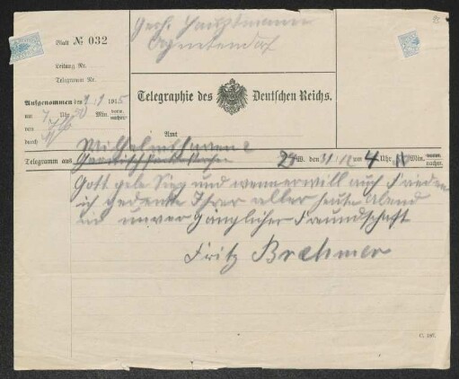 Brief von Fritz Brehmer an Margarete Hauptmann und Gerhart Hauptmann