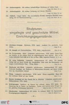 Skulpturen; eingelegte und geschnitzte Möbel, Einrichtungsgegenstände (Nr. 583-654)
