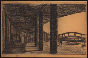 Messegelände, Berlin-Charlottenburg: Vorprojekt, Kongresshalle und Hauptrestaurant, Blick durch Pergola auf Brücke