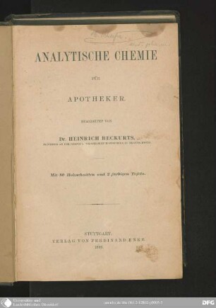 Analytische Chemie für Apotheker : mit 80 Holzschnitten u. 2 Taf.