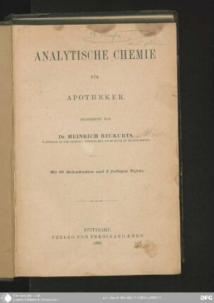 Analytische Chemie für Apotheker : mit 80 Holzschnitten u. 2 Taf.