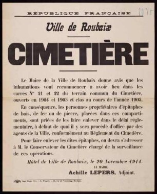 "Cimetière" (Bestimmungen über die Belegung des Friedhofs)