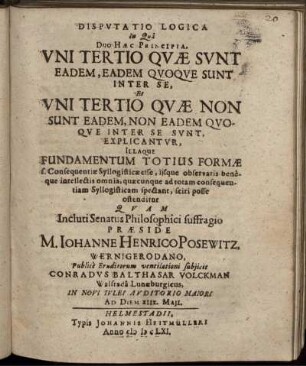 Disputatio Logica In Qua Duo Haec Principia, Uni Tertio Quae Sunt Eadem, Eadem Quoque Sunt Inter Se, Et Uni Tertio Quae Non Sunt Eadem, Non Eadem Quoque Inter Se Sunt, Explicantur ...