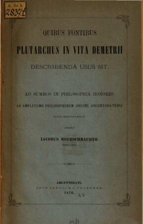 Quibus fontibus Plutarchus in vita Demetrii describenda usus sit : (Strassburger Diss.)