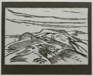 Berglandschaft mit Gebäude und Kreuz
