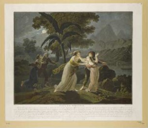 Paul und Virginie mit Virginies Mutter und Dienern in einer tropischen Mondlandschaft, Blatt 4 der Folge "Paul et Virginie"