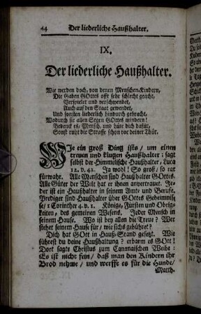 IX. Der liederliche Haußhalter. - XVII. Die in Christi Braut verwandelte Welt-Buhlerin.