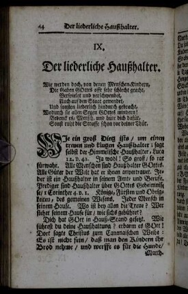 IX. Der liederliche Haußhalter. - XVII. Die in Christi Braut verwandelte Welt-Buhlerin.