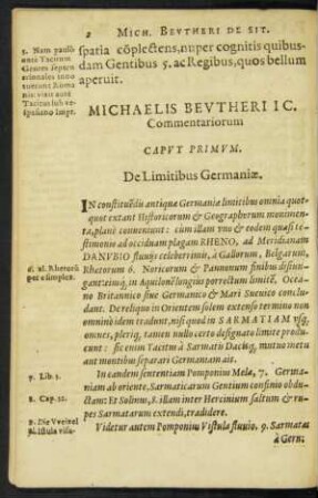 Michaelis Beutheri IC. Commentariorum Caput Primum. De Limitibus Germaniae.