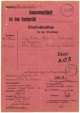 Angeklagte: Wendel, Eugen Wilhelm (Malermeister); Heitersheim *18.07.1907 in Heitersheim; + ? Schäuble, Albert (Invalide); Heitersheim *18.12.1880 in Bickenbach; + ? Delikt: Verbrechen gegen die Kriegswirtschaftsverordnung Schwarzschlachtung Tatort: Heitersheim Tatzeit: Mai 1942-Oktober 1942