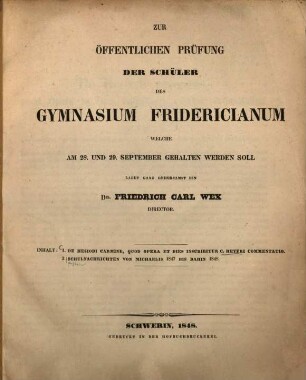 De Hesiodi carmine, quod opera et dies inscribitur, commentatio : (Programm.)
