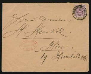 Eigenhändiger Briefumschlag mit eigenhändigen Zeilen auf der Innenseite an Heinrich Henkel : 12.05.1883