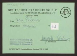 Mitgliedskarte des Hamburger Frauenring e.V. Frau Elsa Pultar