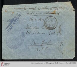 Korrespondenz von Alice und Ludwig Klein: Umschlag von Alice Klein an Irmgard Ehrlich und Günter Ehrlich
