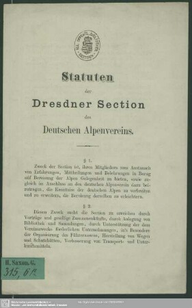 Statuten der Dresdner Section des deutschen Alpenvereins : [Dresden, im April 1873]