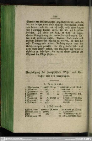 Vergleichung der französischen Maße und Gewichte mit den preußischen.
