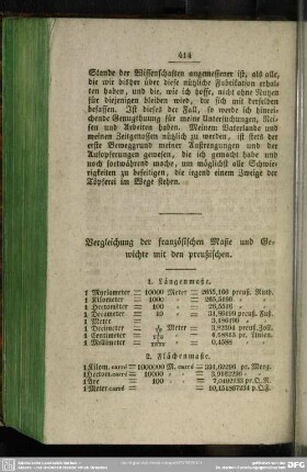 Vergleichung der französischen Maße und Gewichte mit den preußischen.