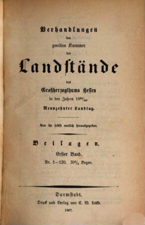 Verhandlungen der Zweiten Kammer der Landstände des Großherzogthums Hessen. Protokolle. 1866/68,[7] = 19. Landtag (1867)