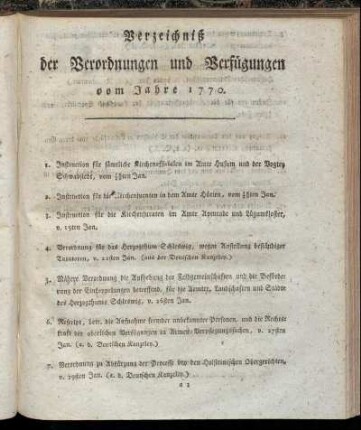 Verzeichniß der Verordnungen und Verfügungen vom Jahre 1770.