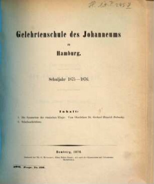 Gelehrtenschule des Johanneums zu Hamburg : Schuljahr .., 1875/76
