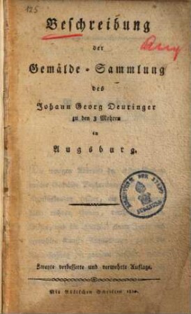 Beschreibung der Gemälde-Sammlung des Johan Georg Deuringer zu den 3 Mohren in Augsburg