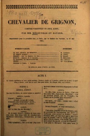 Le chevalier de Grignon, comédie-vaudeville en deux actes : représentée pour la première fois, à Paris, sur le théâtre des Variétés, le 28 mai 1844